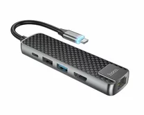 Type-C HUB Hoco HB23 (HDMI+USB3.0+USB2.0+RJ45+PD) серый